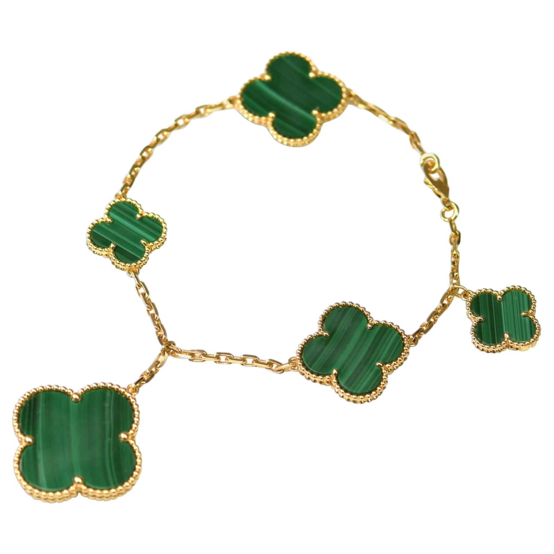[MIRA]MAGIC CLOVER MALACHITE GOLD BRACELET 5 MOTIFS