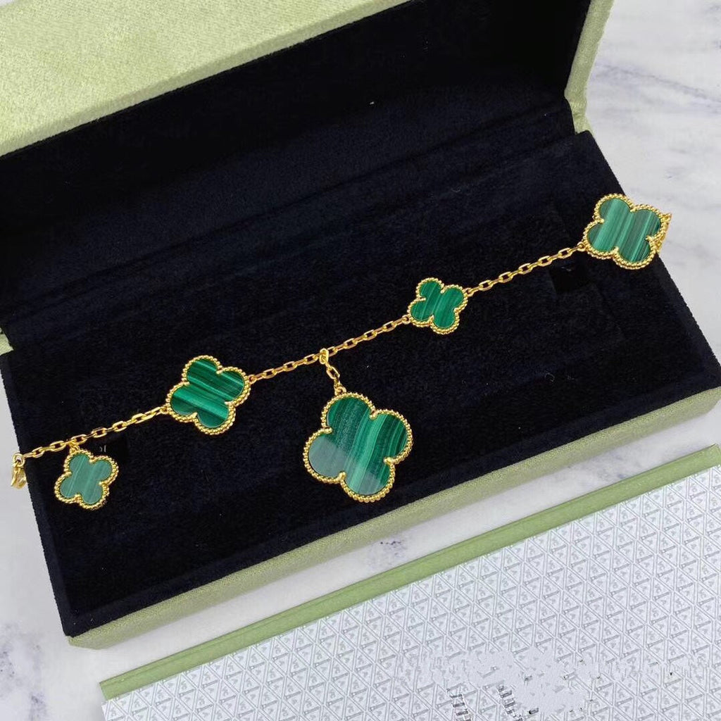 [MIRA]MAGIC CLOVER MALACHITE GOLD BRACELET 5 MOTIFS
