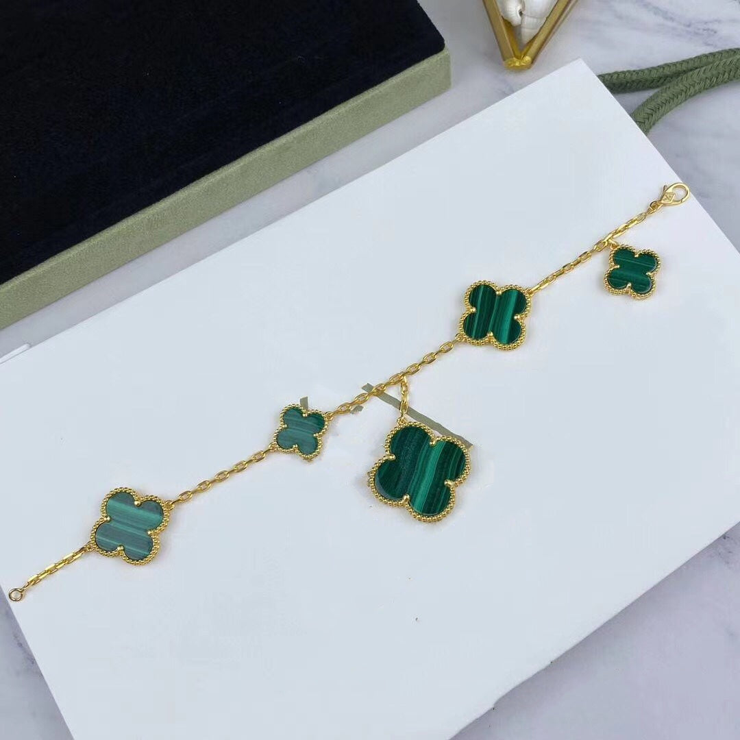 [MIRA]MAGIC CLOVER MALACHITE GOLD BRACELET 5 MOTIFS
