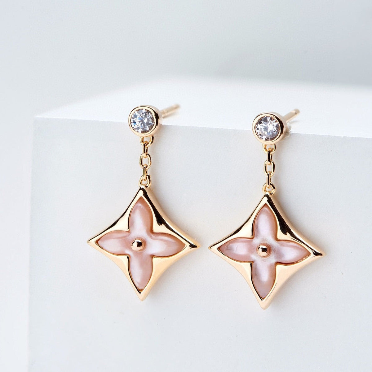 [MIRA]DOUBLE STAR PINK GOLD MOP DROP EARRINGS