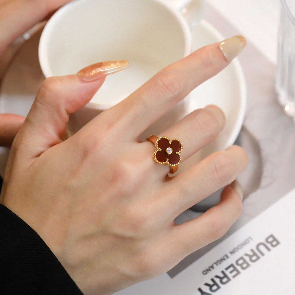 [MIRA]CLOVER CARNELIAN RING ROSE GOLD DIAMOND
