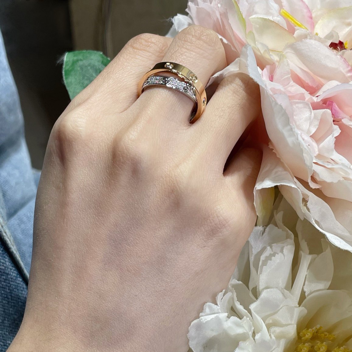 [MIRA]LOVE PINK GOLD SILVER DIAMOND DOUBLE RING