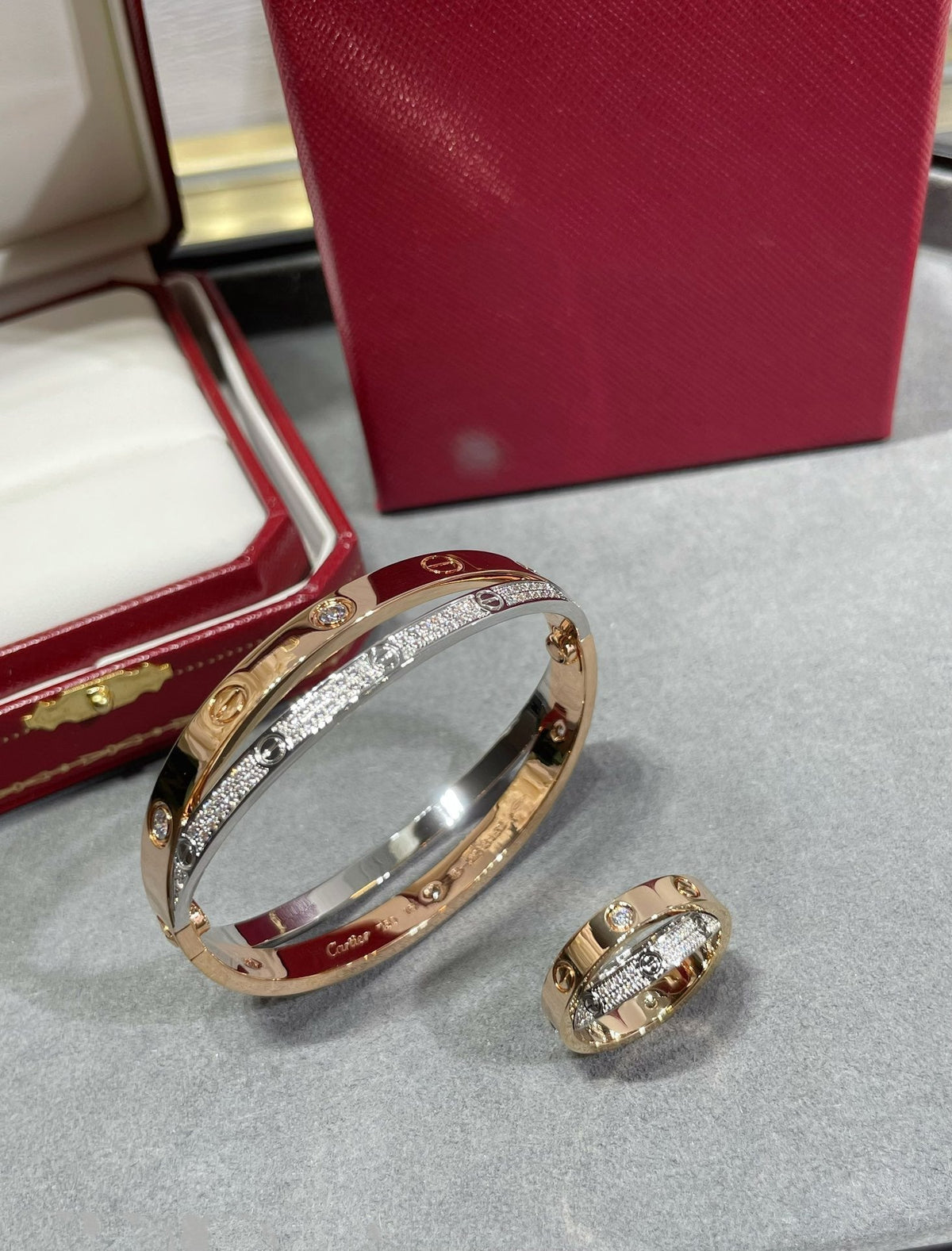 [MIRA]LOVE PINK GOLD SILVER DIAMOND DOUBLE RING