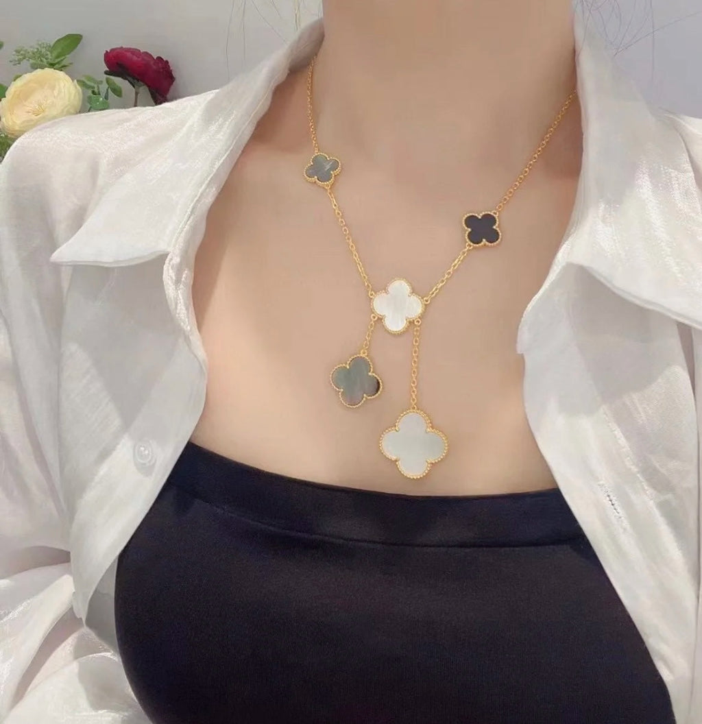 [MIRA]CLOVER 6 MOTIF MOP ONYX GOLD NECKLACE