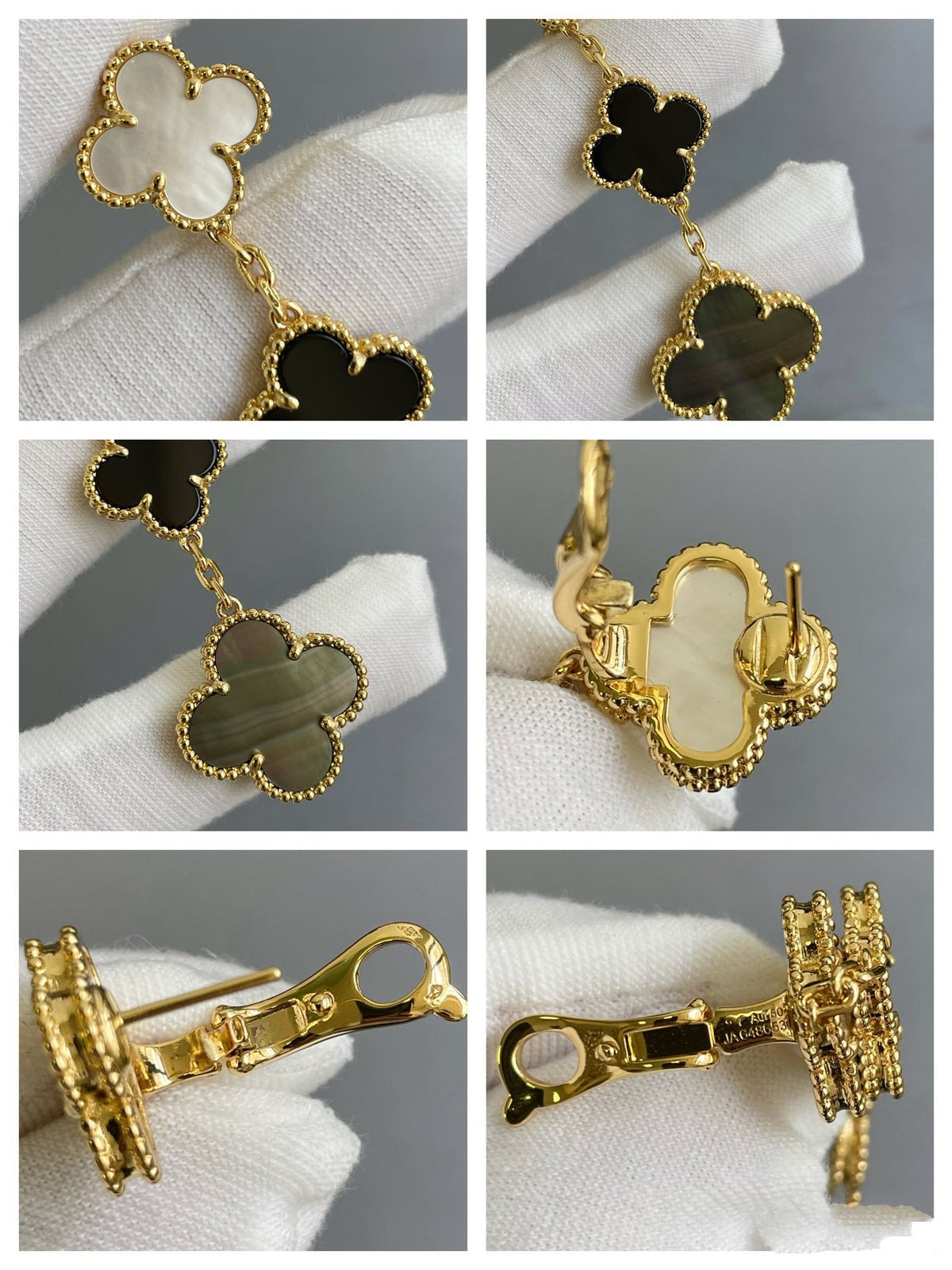 ??MIRA?¡¥CLOVER 3 MOTIF MOP ONYX DARK MOP PINK GOLD EARRINGS