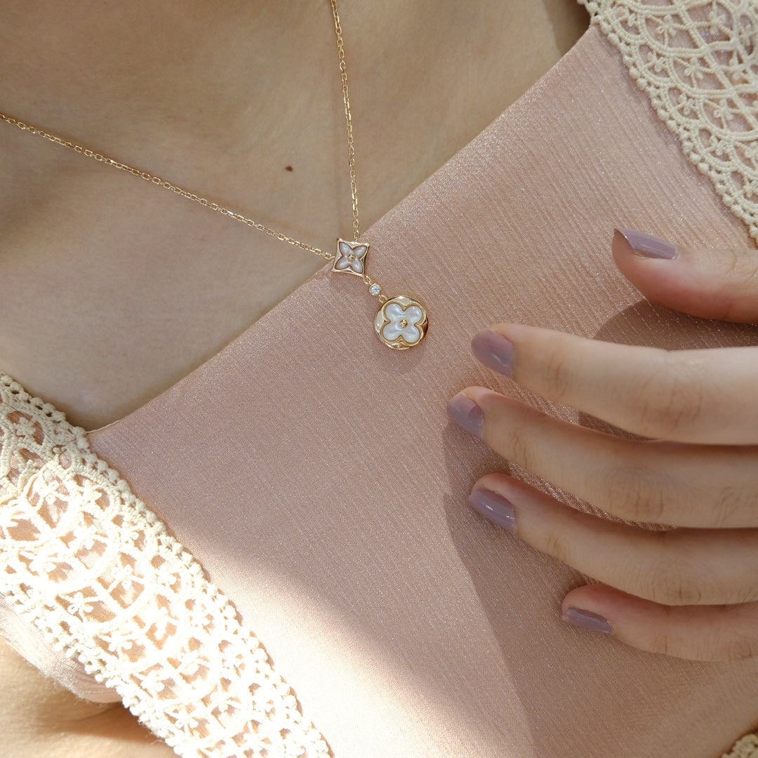 [MIRA]STAR AND SUN WHITE MOP 2 MOTIF PINK GOLD NECKLACE