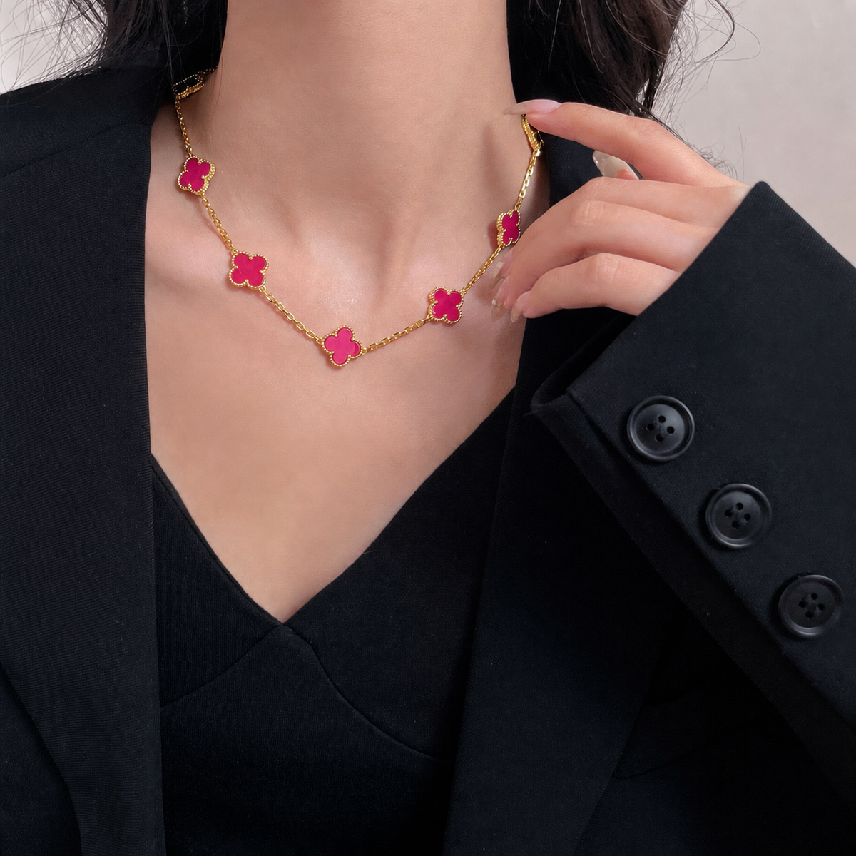 [MIRA] NEW CLOVER 10 MOTIFS PINK ENAMEL NECKLACE
