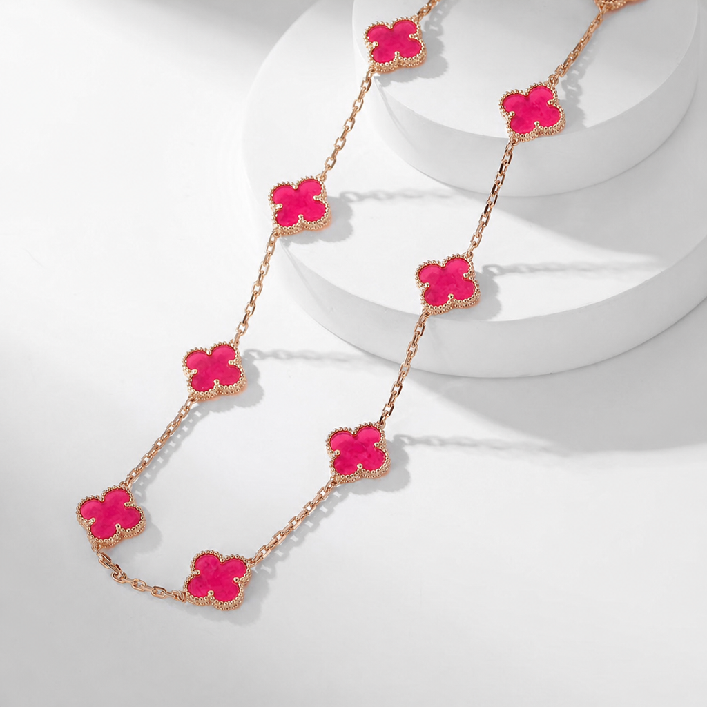 [MIRA] NEW CLOVER 10 MOTIFS PINK ENAMEL NECKLACE