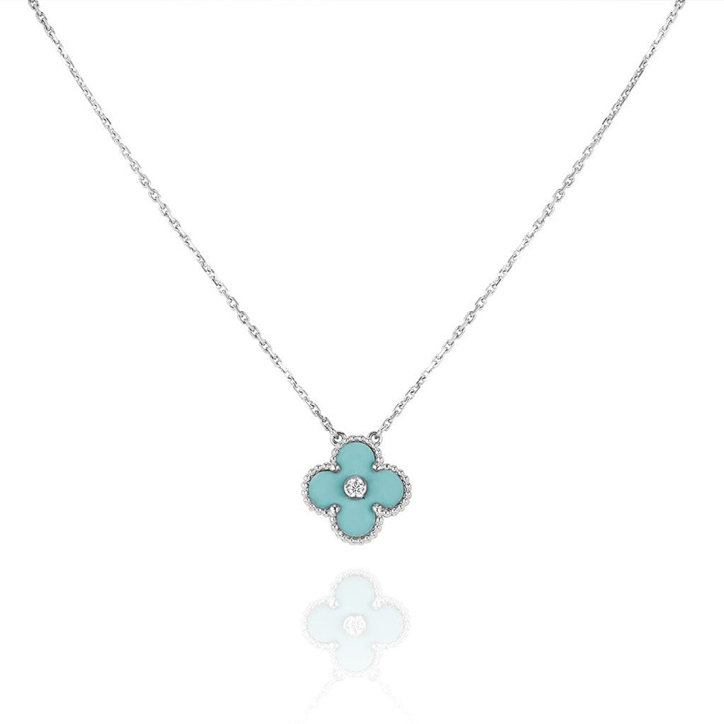 [MIRA]CLOVER 1 DIAMOND LIGHT BLUE SILVER NECKLACE