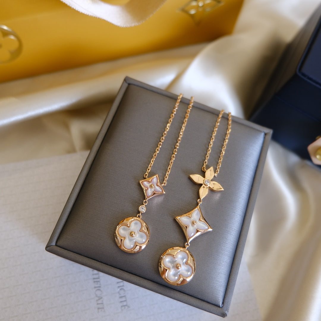 [MIRA]COLOR BLOSSOM LARIAT NECKLACE PINK GOLD WHITE MOTHER PEARL AND DIAMOND