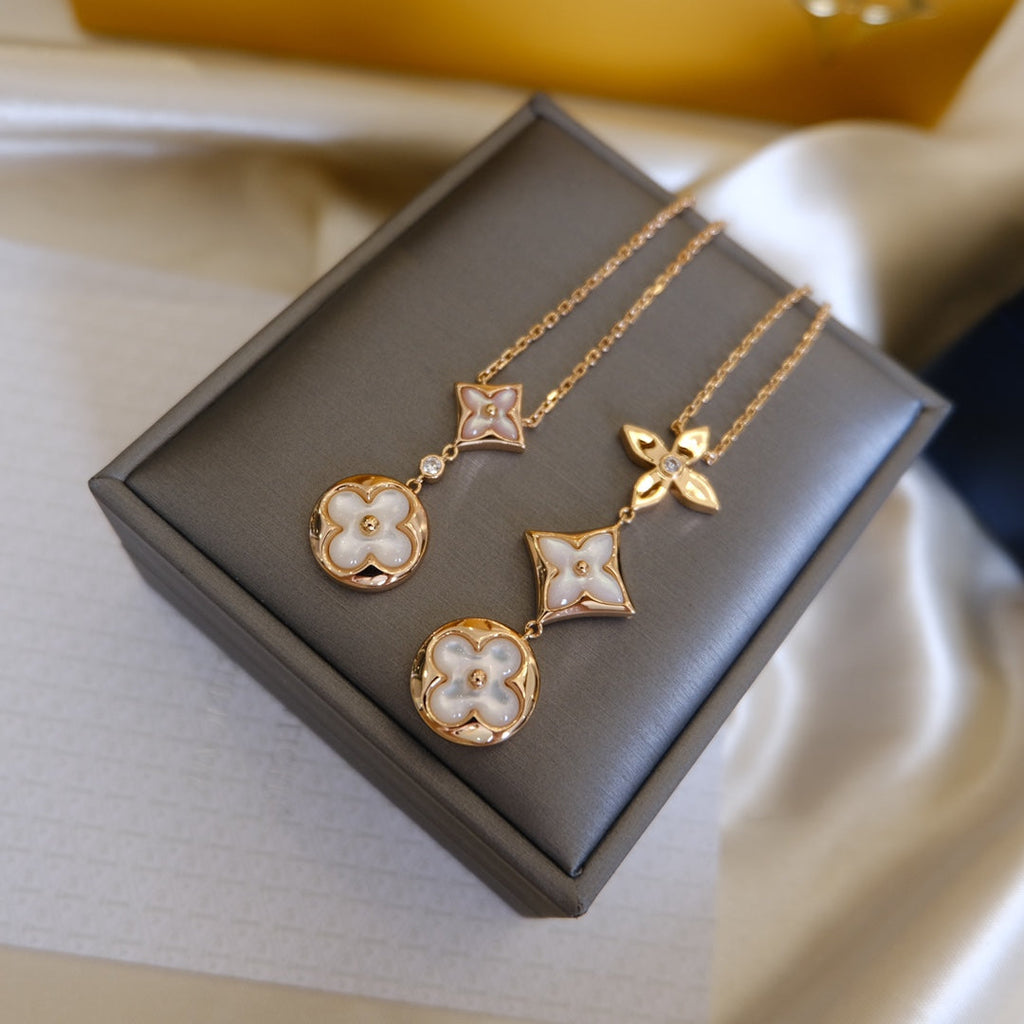 [MIRA]COLOR BLOSSOM LARIAT NECKLACE PINK GOLD WHITE MOTHER PEARL AND DIAMOND
