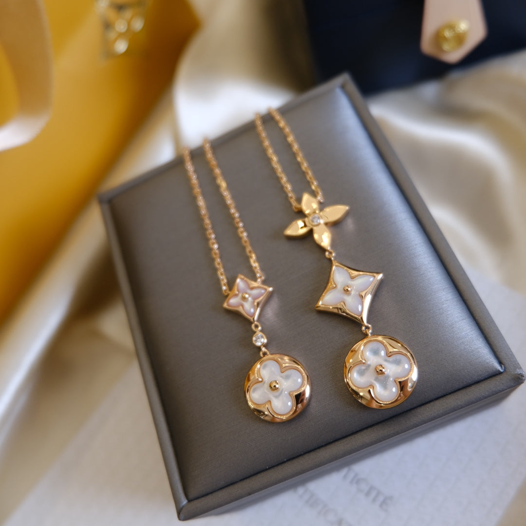 [MIRA]COLOR BLOSSOM LARIAT NECKLACE PINK GOLD WHITE MOTHER PEARL AND DIAMOND