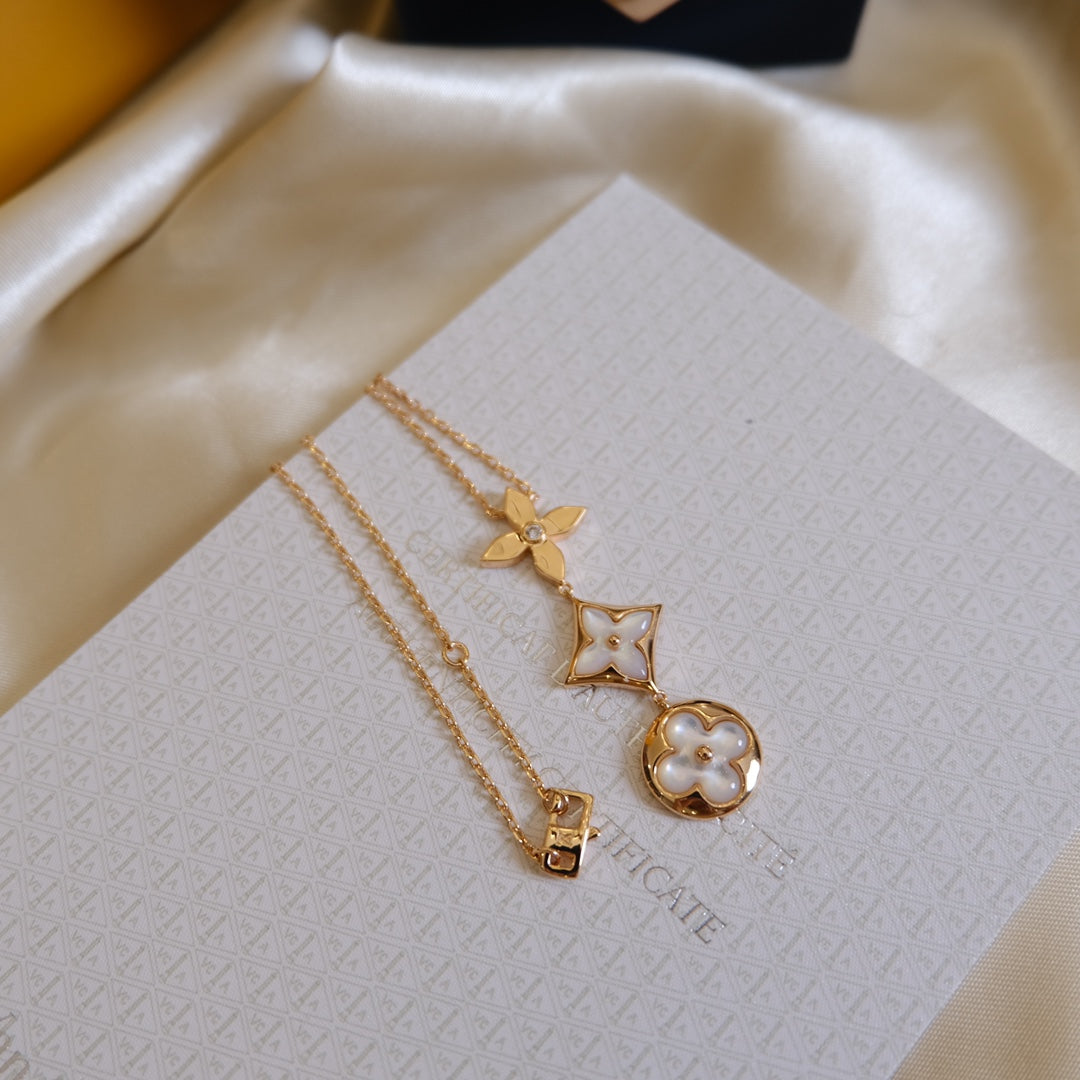 [MIRA]COLOR BLOSSOM LARIAT NECKLACE PINK GOLD WHITE MOTHER PEARL AND DIAMOND