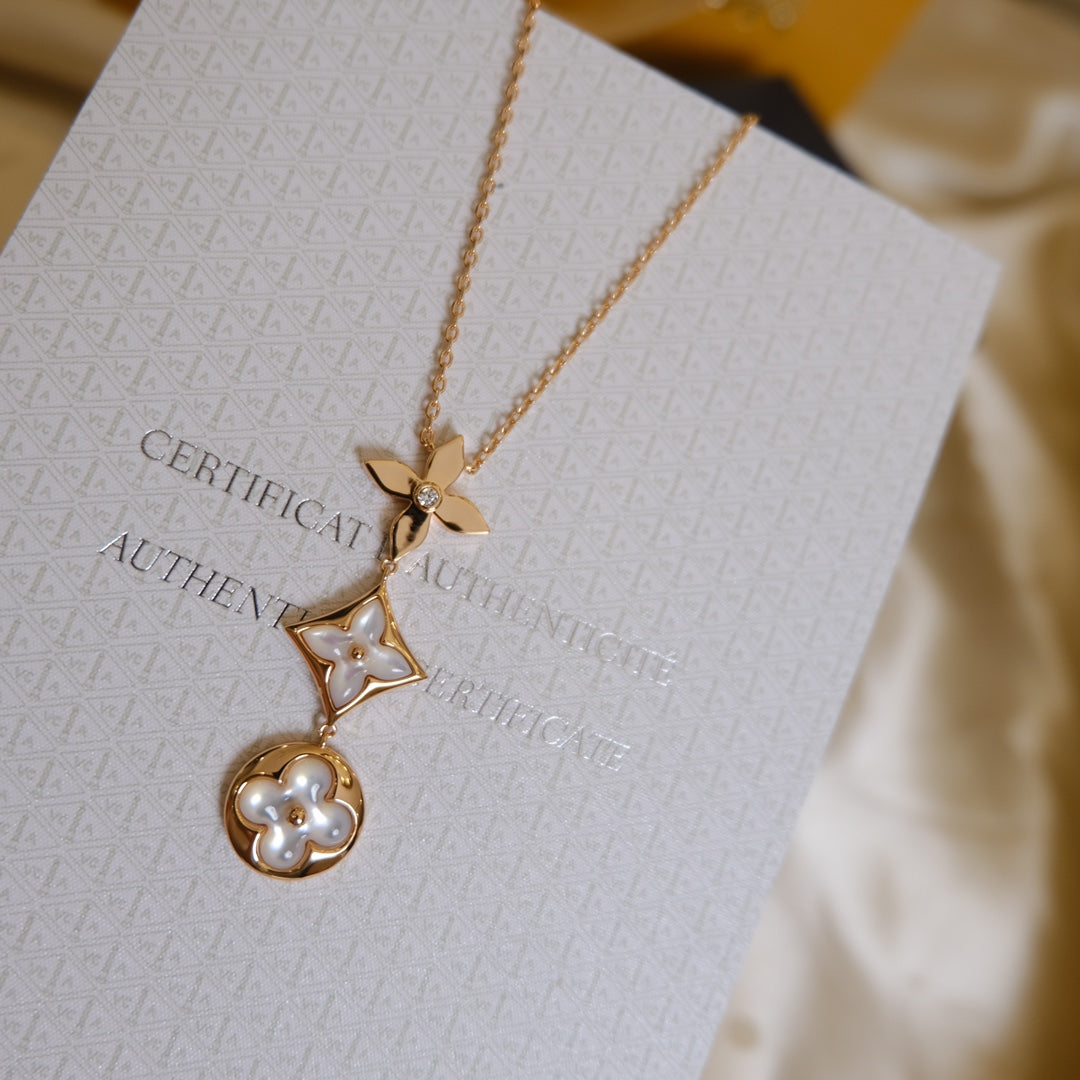 [MIRA]COLOR BLOSSOM LARIAT NECKLACE PINK GOLD WHITE MOTHER PEARL AND DIAMOND
