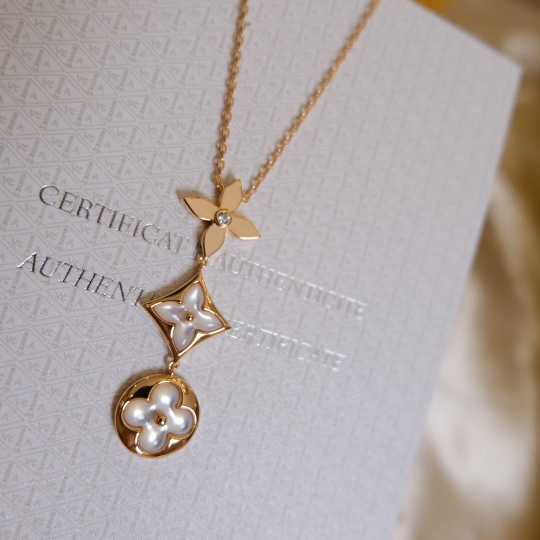 [MIRA]COLOR BLOSSOM LARIAT NECKLACE PINK GOLD WHITE MOTHER PEARL AND DIAMOND