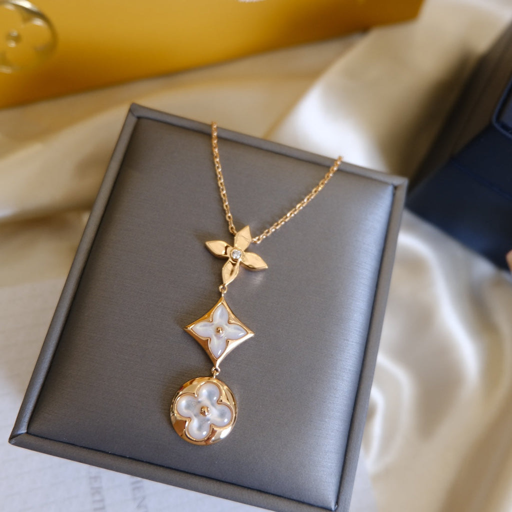 [MIRA]COLOR BLOSSOM LARIAT NECKLACE PINK GOLD WHITE MOTHER PEARL AND DIAMOND