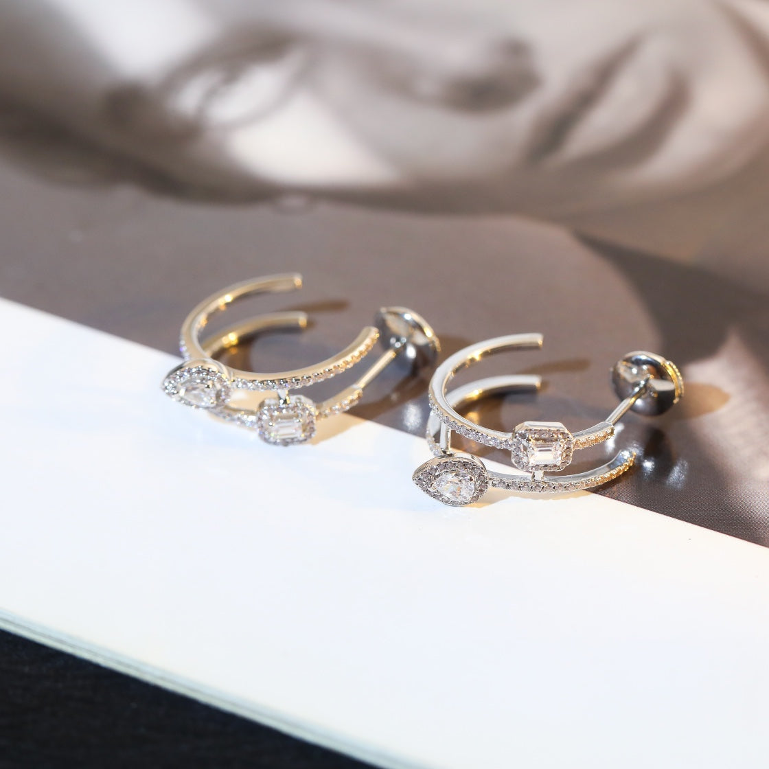 [MIRA]CREOLES MY TWIN 2 RANGS SILVER DIAMOND EARRINGS