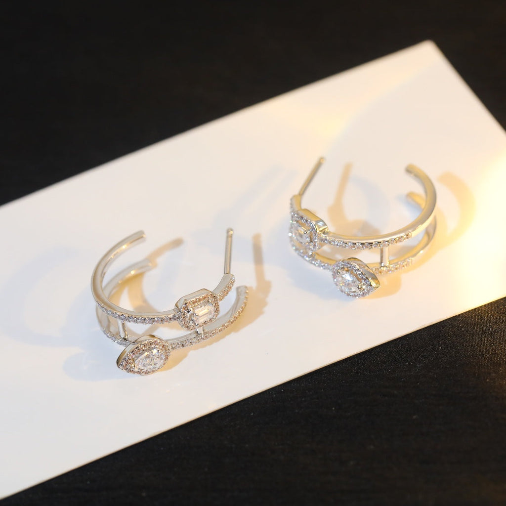 [MIRA]CREOLES MY TWIN 2 RANGS SILVER DIAMOND EARRINGS