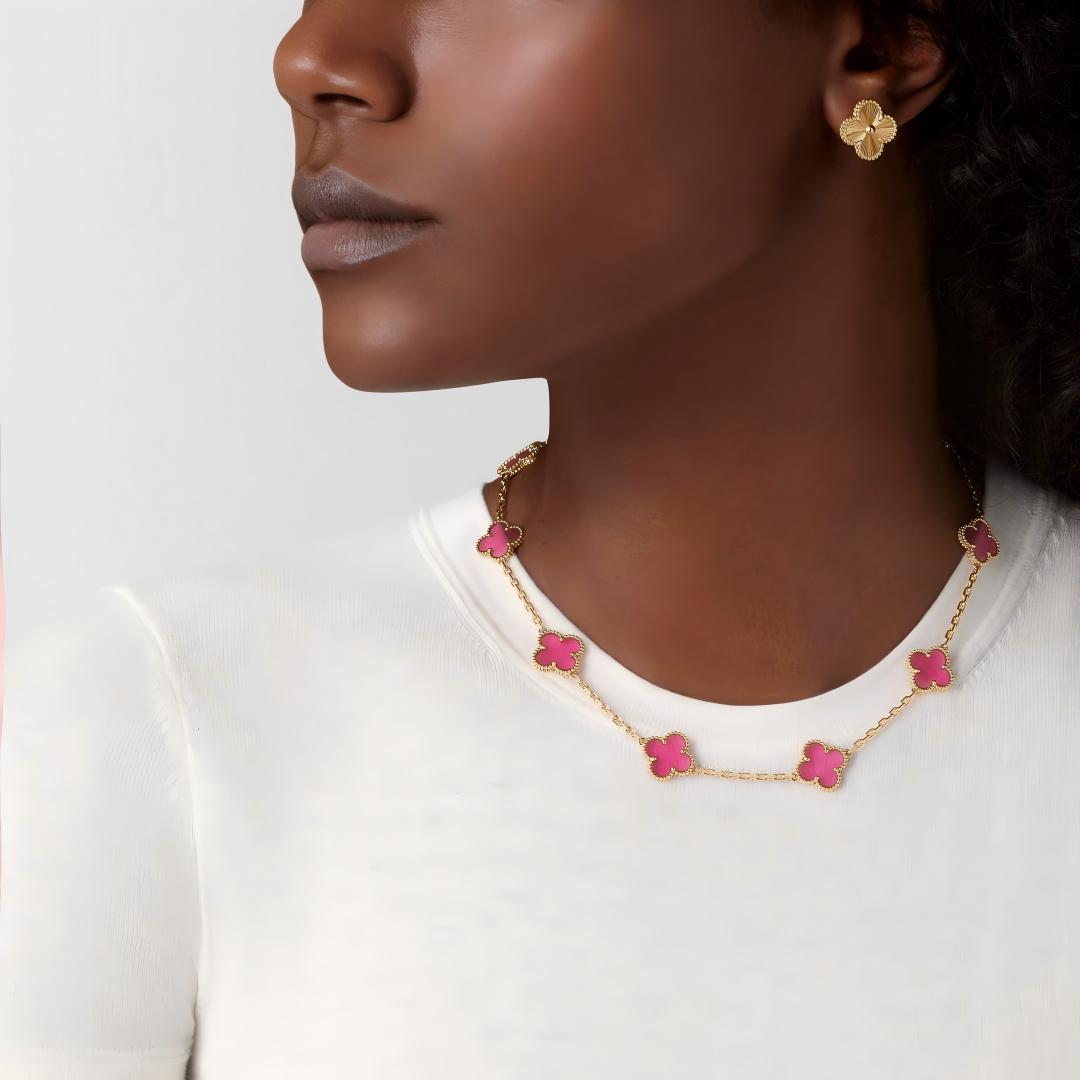 [MIRA] NEW CLOVER 10 MOTIFS PINK ENAMEL NECKLACE