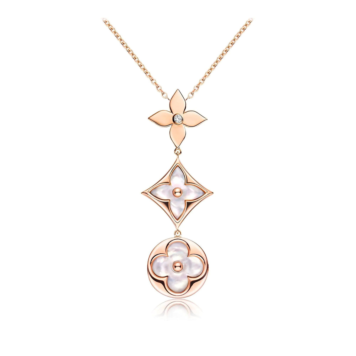 [MIRA]COLOR BLOSSOM LARIAT NECKLACE PINK GOLD WHITE MOTHER PEARL AND DIAMOND