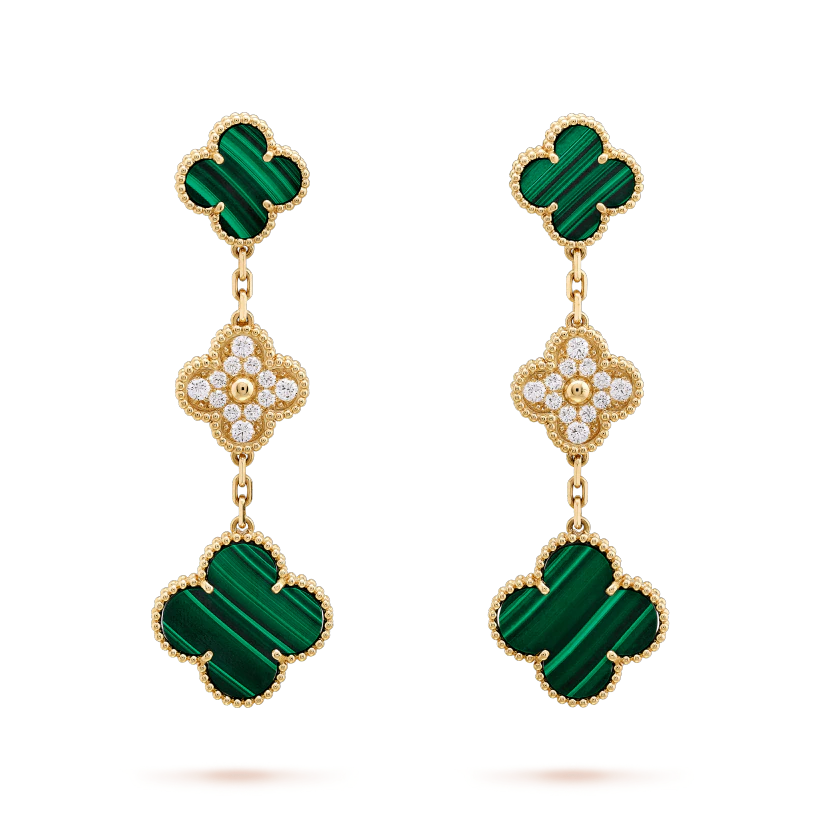 [MIRA]CLOVER EARRINGS GOLD MALACHITE DIAMOND 3 MOTIF