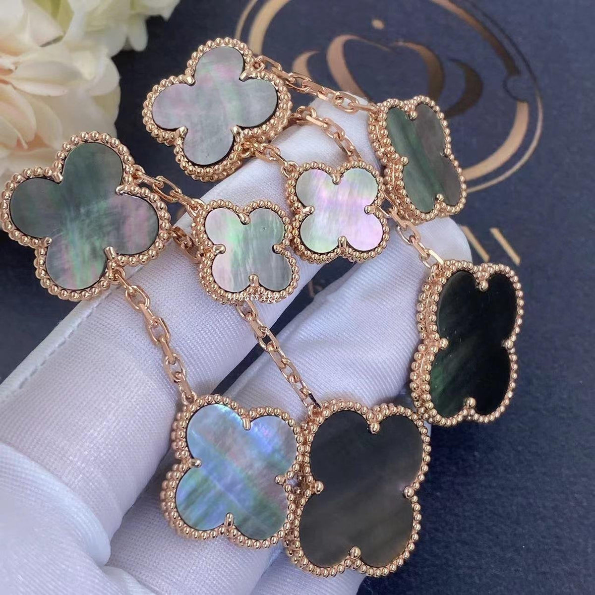 [MIRA]CLOVER EARRINGS DARK MOP 4 MOTIFS ROSE GOLD